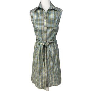 Cibeline Retro Womens Blue Green Plaid Sleeveless Button Front Midi Dress Size 6